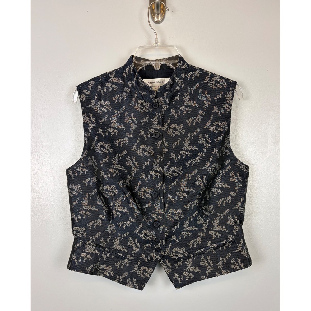 NEW Anne Klein II Vintage Navy Floral Jacquard Vest 14 Mandarin Collar Dark